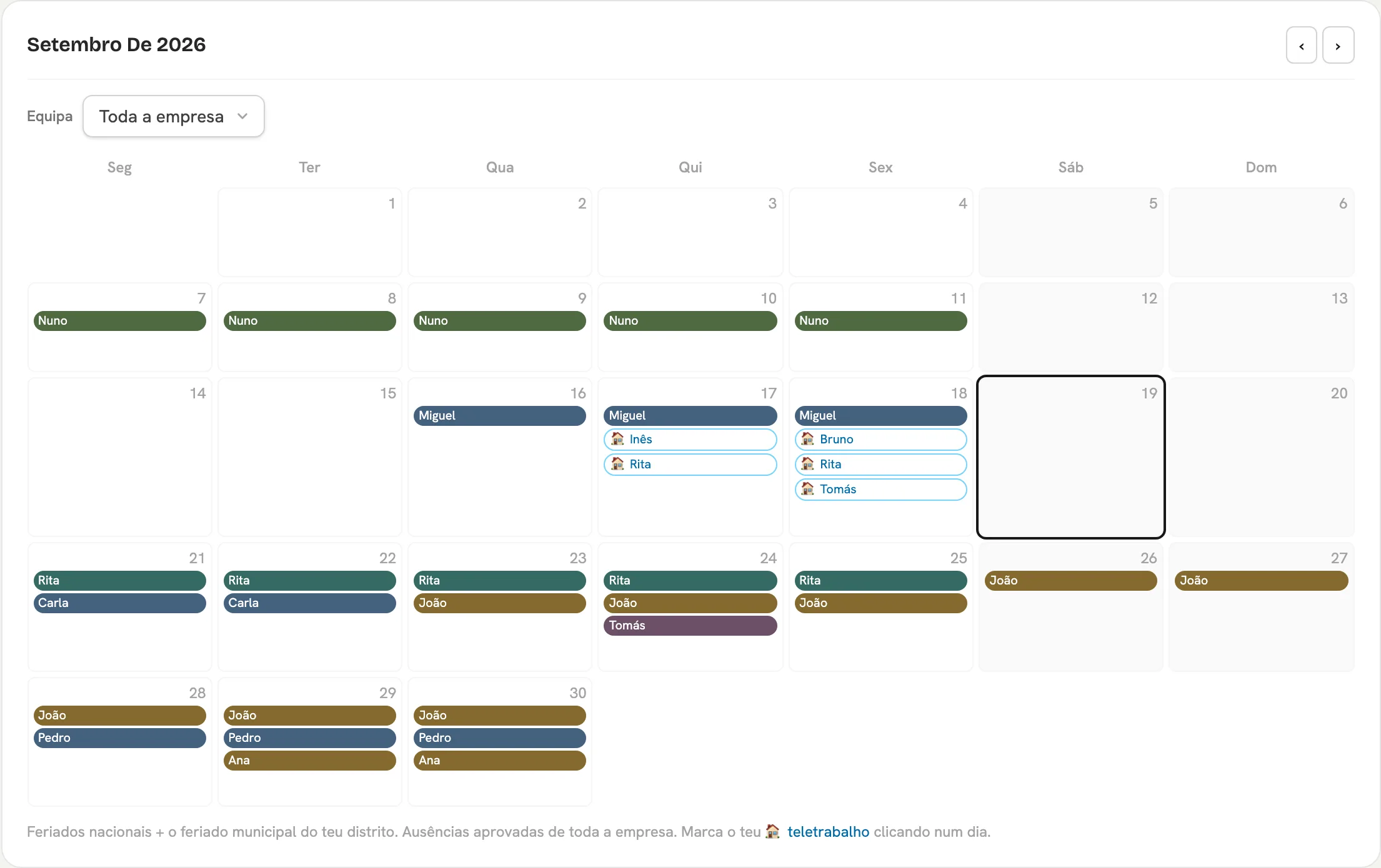Calendário de equipa de setembro com as ausências de toda a empresa e os dias de teletrabalho.