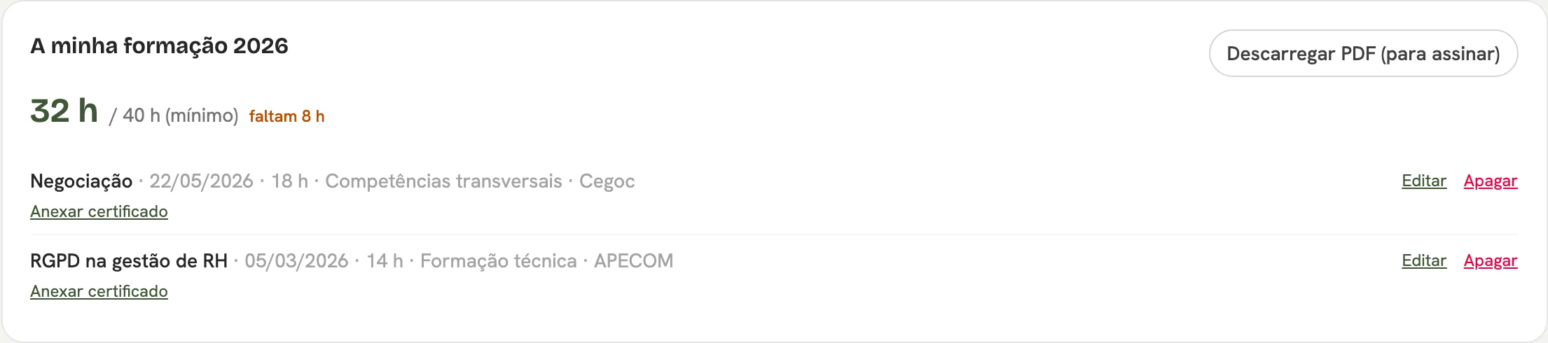 Formação de 2026: 32 horas de 40 horas mínimas, com o aviso de que faltam 8 horas e as ações de formação registadas.