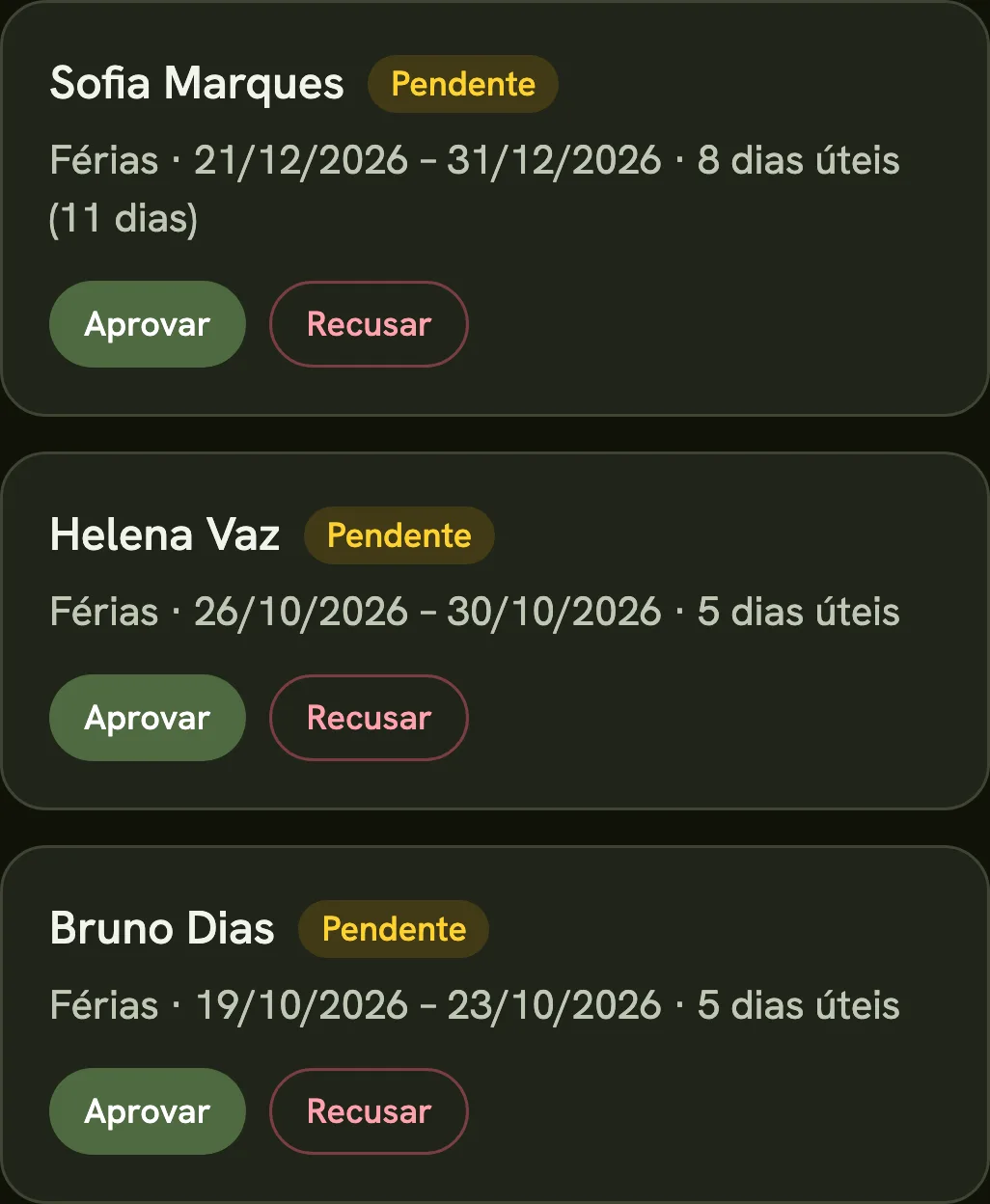 Fila de aprovações do Sesta, com pedidos pendentes e os botões Aprovar e Recusar.