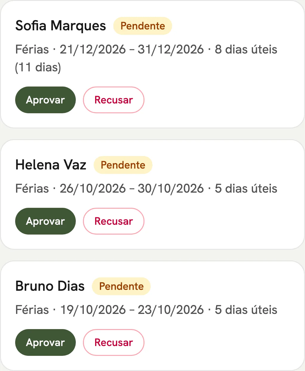 Fila de aprovações do Sesta, com pedidos pendentes e os botões Aprovar e Recusar.