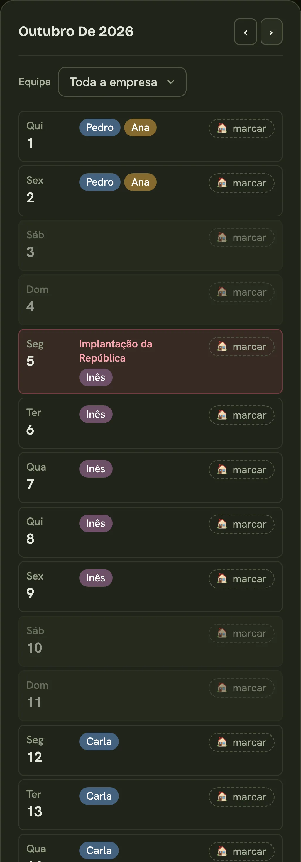 Calendário de equipa do Sesta, com as ausências aprovadas de toda a empresa.