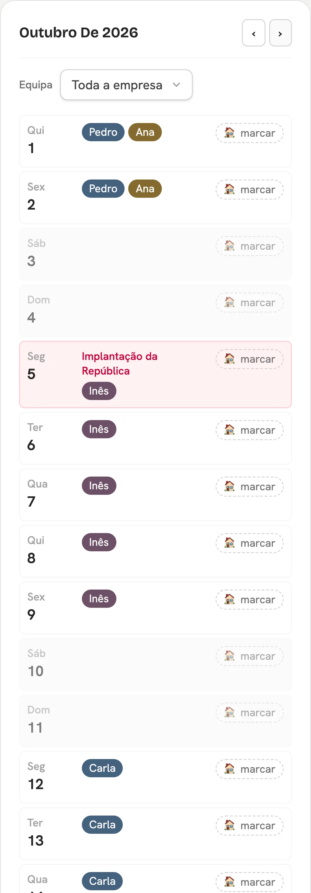 Calendário de equipa do Sesta, com as ausências aprovadas de toda a empresa.