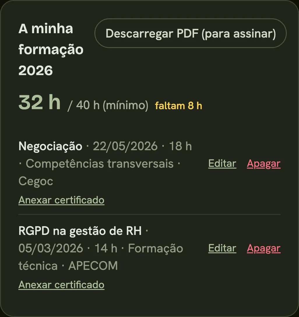 Formação de 2026: 32 horas de 40 horas mínimas, com o aviso de que faltam 8 horas e as ações de formação registadas.