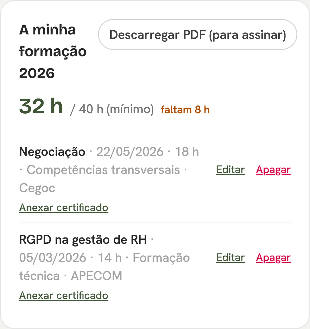 Formação de 2026: 32 horas de 40 horas mínimas, com o aviso de que faltam 8 horas e as ações de formação registadas.