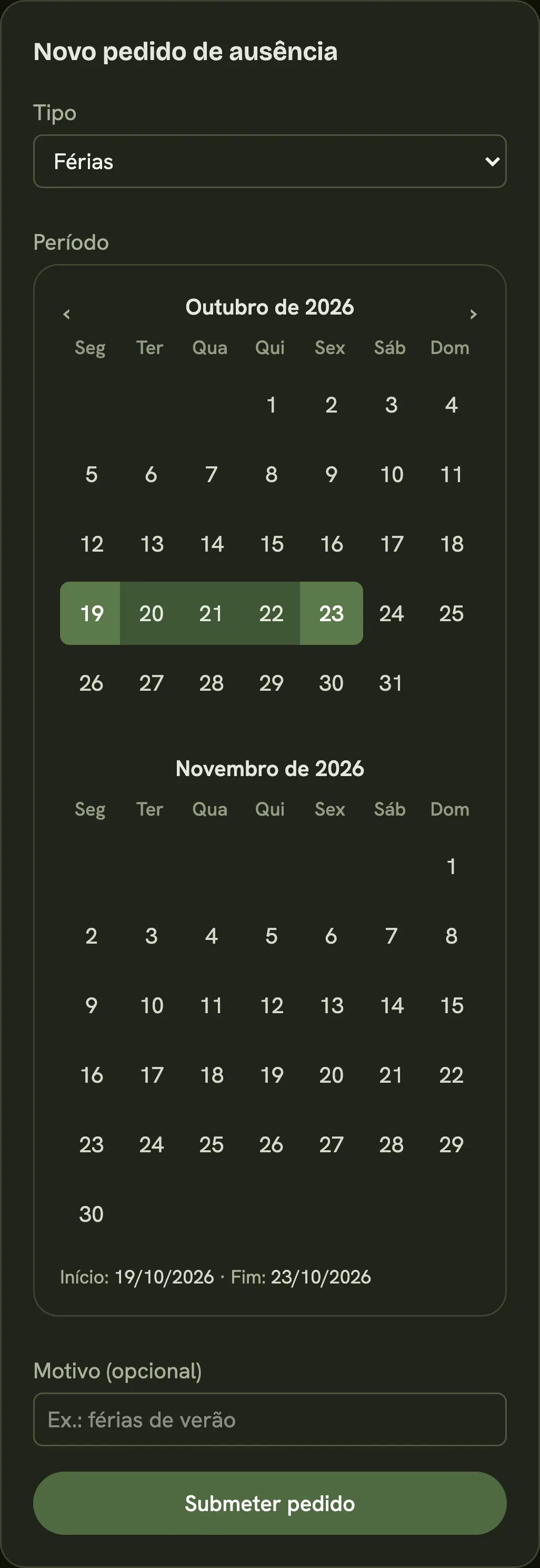 Novo pedido de ausência no Sesta: tipo Férias e o intervalo de 19 a 23 de outubro escolhido no calendário.