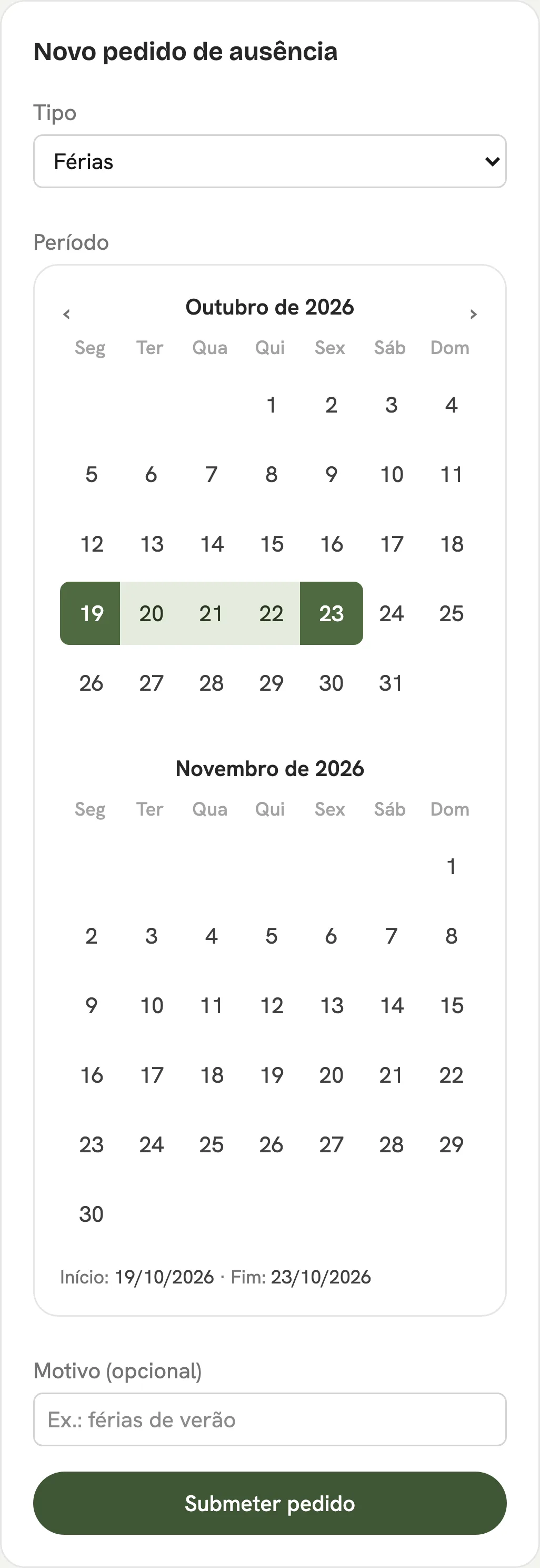 Novo pedido de ausência no Sesta: tipo Férias e o intervalo de 19 a 23 de outubro escolhido no calendário.